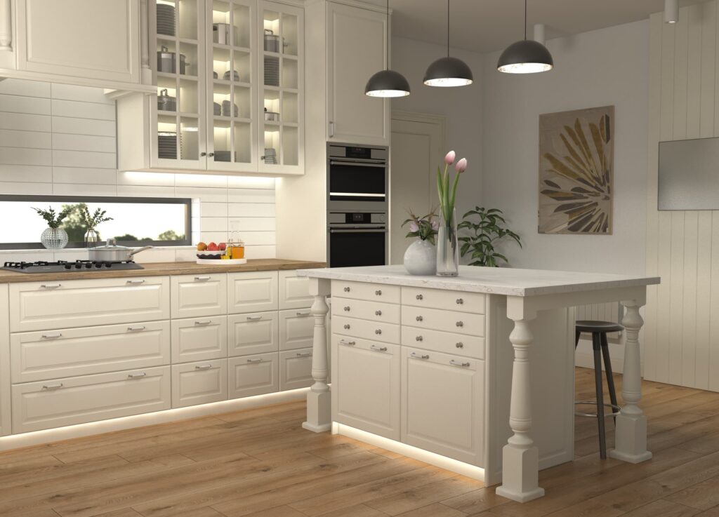 Modern Mutfak Ada Tasarımı Ankastre fırın ve modern dolapların bulunduğu, kullanışlı ve şık bir mutfak.