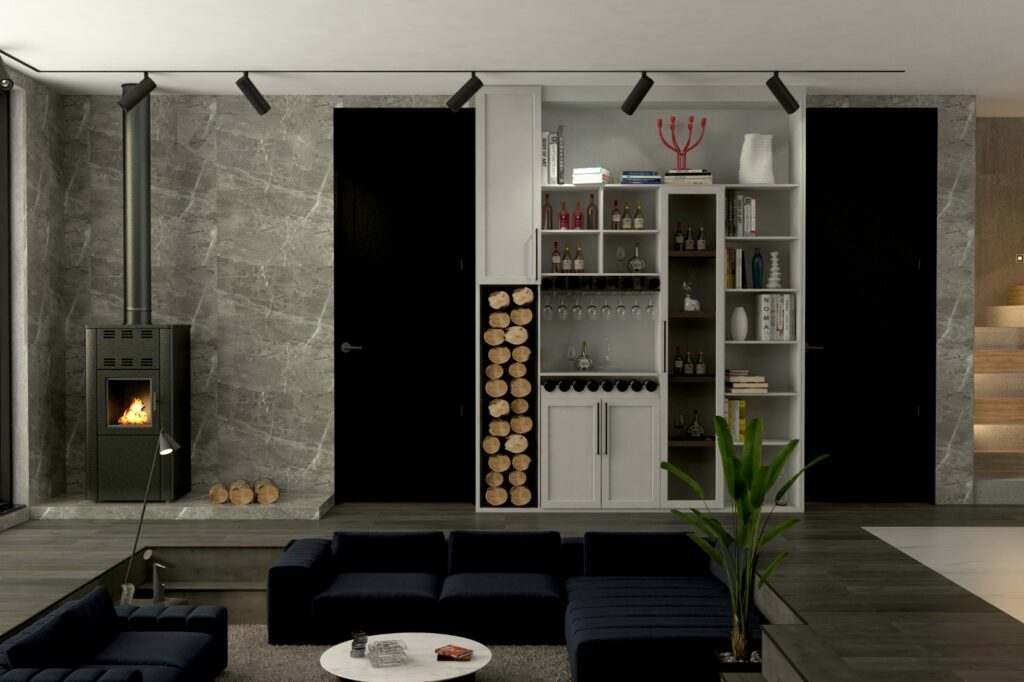 Aile Dostu Modern Villa Tasarımı TV'li şömine, entegre bar köşesi ve geniş koltuklarla tasarlanmış, modern bir salon.