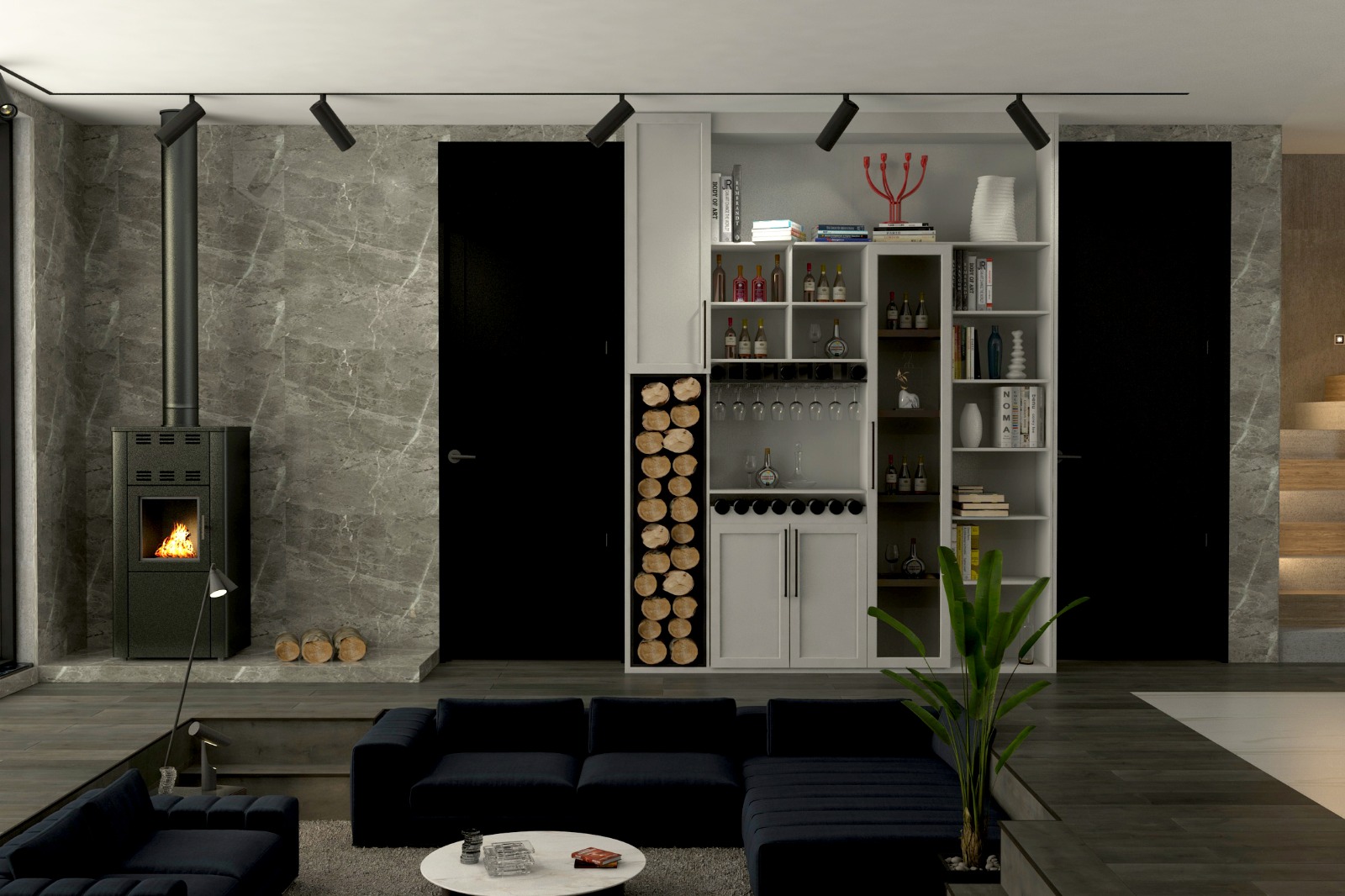 TV'li şömine, entegre bar köşesi ve geniş koltuklarla tasarlanmış, modern bir salon.