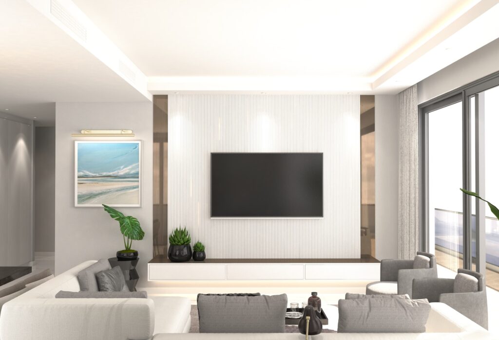 Açık Plan Villa Tasarımı Modern TV ünitesi, minimalist dekorasyon ve konforlu oturma gruplarının yer aldığı salon.