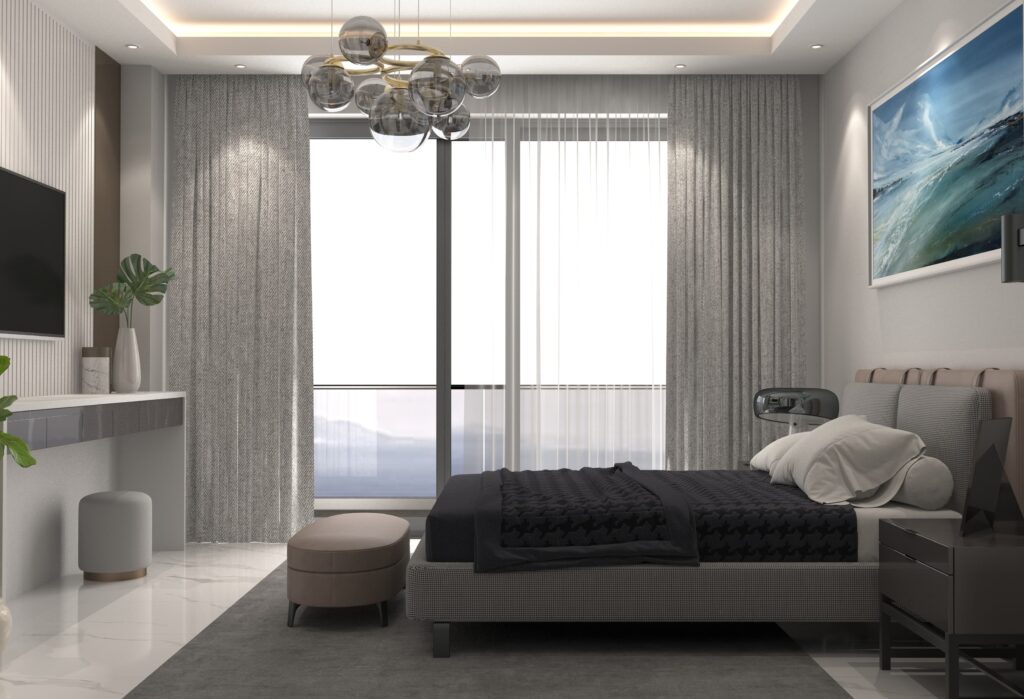 Açık Plan Villa Tasarımı Geniş penceresi, modern yatak ve şık bir avize ile aydınlık bir yatak odası.