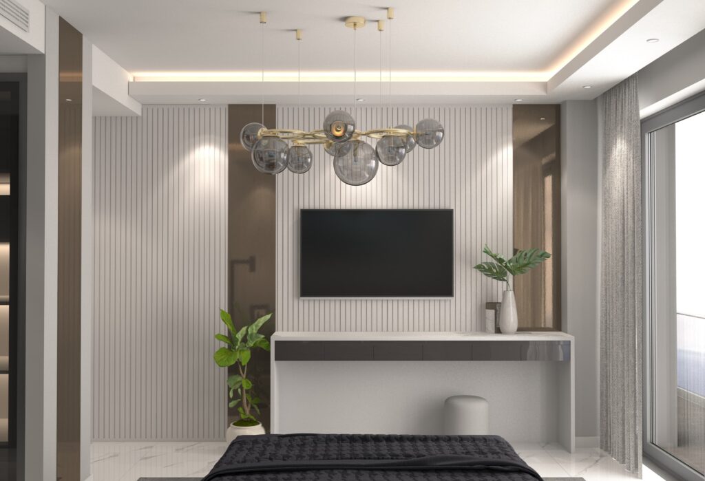 Açık Plan Villa Tasarımı Duvara monte TV ünitesi, yatak ve dekoratif objelerin yer aldığı, modern yatak odası tasarımı.