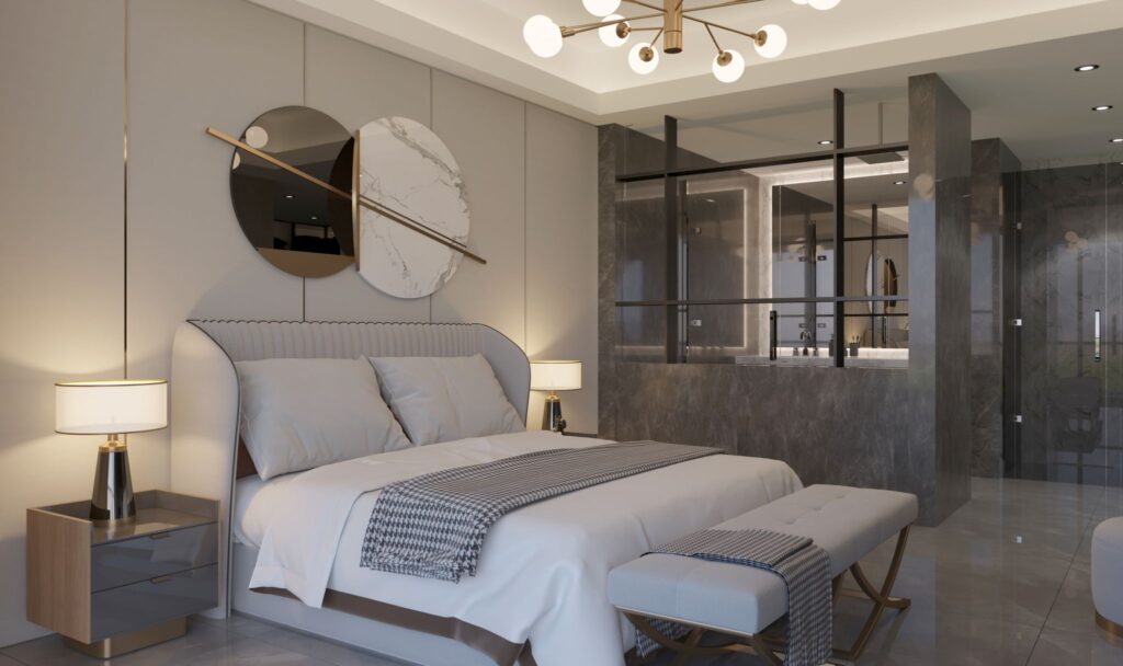 Lüks Konut İç Tasarım | Manzara Modern avize, aynalı duvar detayı ve konforlu yatakla tasarlanmış lüks bir yatak odası.