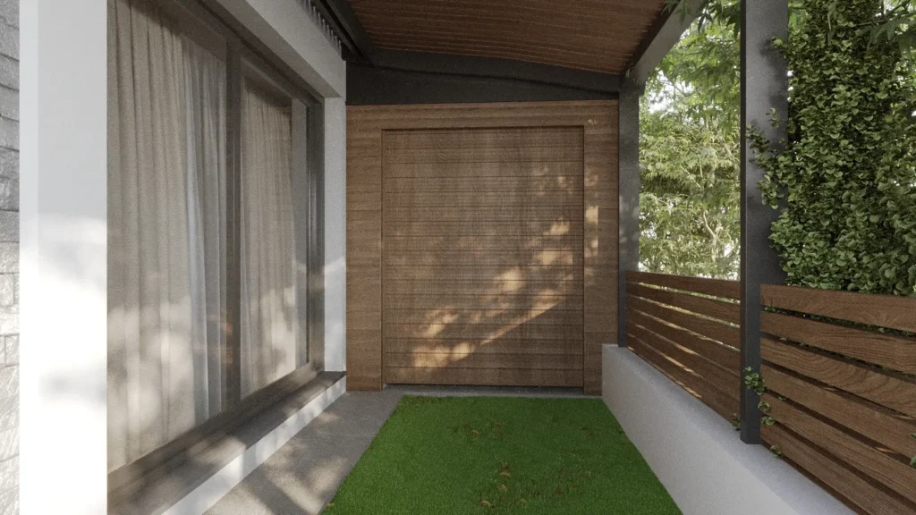 Dış Mekan Mutfak & Barbekü Tasarımı Barbekü ünitesinin kapatılmış hali ve altında odun depolama alanı olan dış mekan mutfağı.