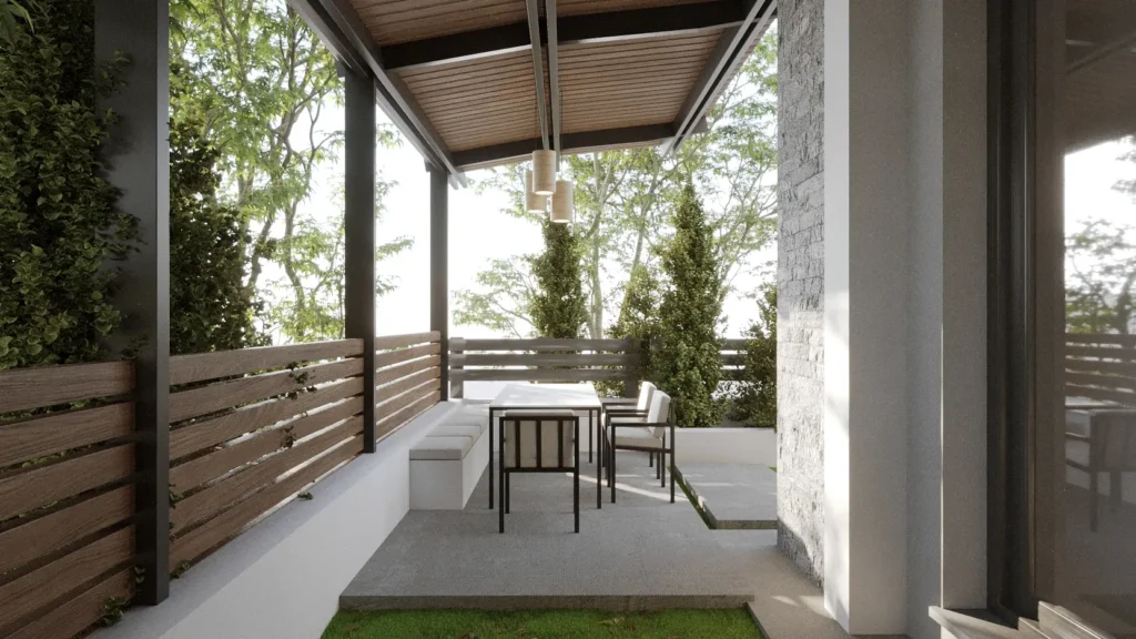 Dış Mekan Mutfak & Barbekü Tasarımı Cam panellerle kapatılmış, bahçe mobilyaları ve şöminesi olan kış bahçesi/çardak.