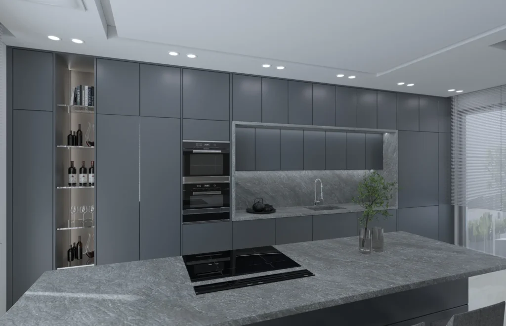 Dış Mekan Mutfak & Barbekü Tasarımı Açık havada kullanıma uygun, ankastre ocak ve tezgahla tasarlanmış, modern dış mekan mutfağı.