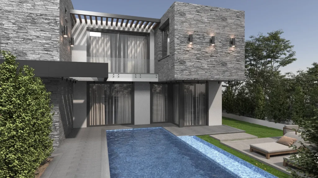 Dış Mekan Mutfak & Barbekü Tasarımı Hasır sandalyeler, büyük yemek masası ve doğal aydınlatmayla tasarlanmış dış mekan yemek alanı.