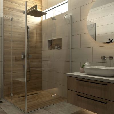 Ahşap ve açık renkli fayansların birleşimini gösteren, cam duşakabinli modern bir banyo.